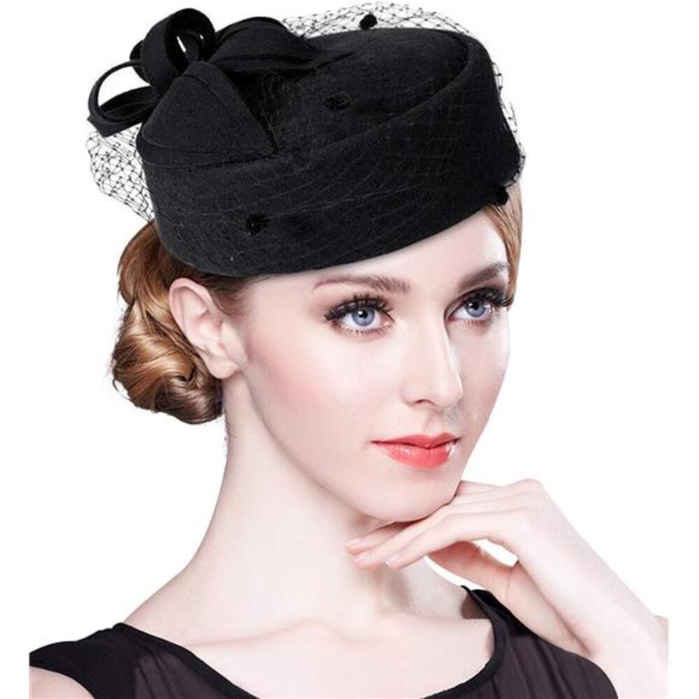 British Vintage Wool Felt Pillbox Hat Ladies Church Derby Fascinator Hat Veil